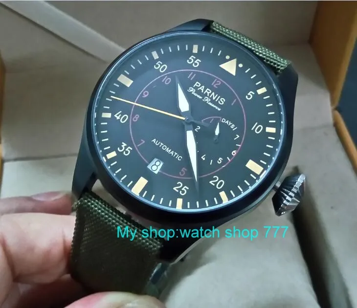 

47mm PARNIS Automatic Self-Wind Mechanical movement men's watch Black dial PVD case power reserve Mechanical watches zd362a