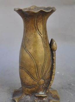 

7"mark Chinese Bronze copper Auspicious Lotus Leaf Statue Brush Pot Pencil Vase