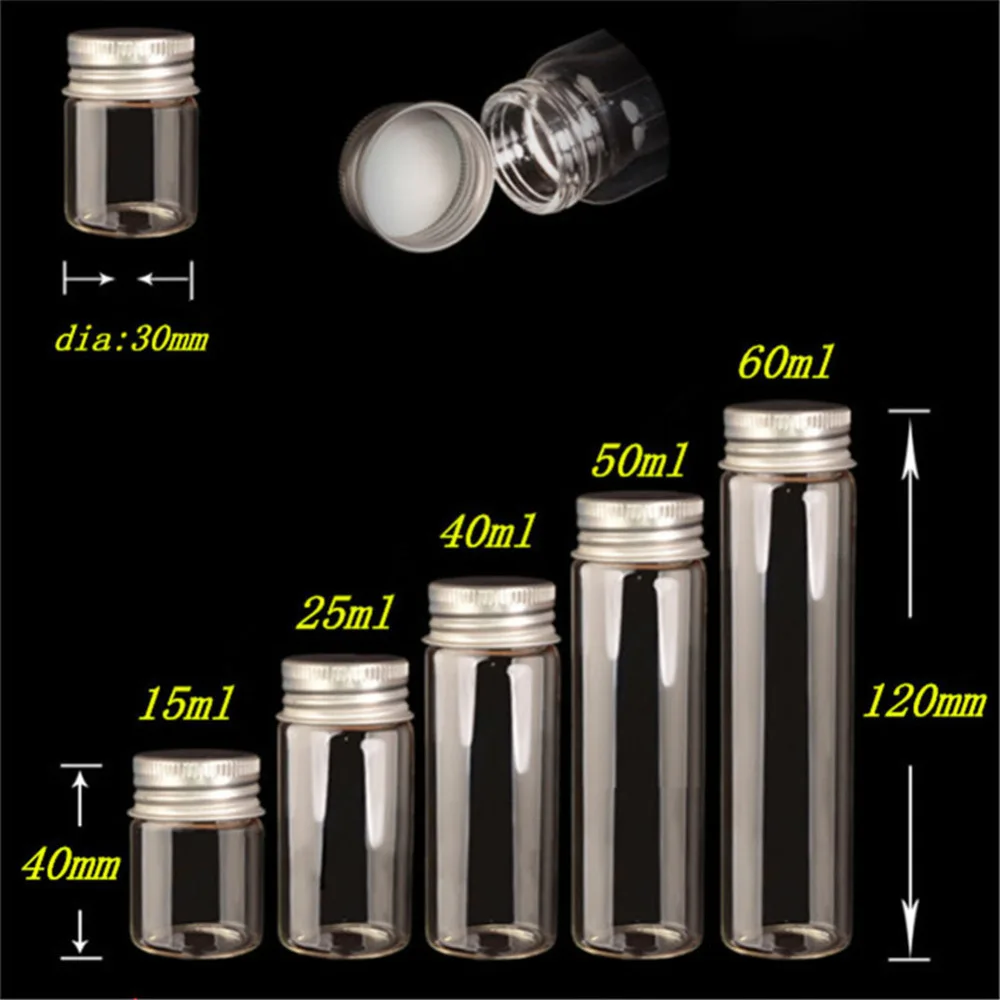 Glass Bottles Screw Top Empty Wishing Bottles 15ml 25ml 40ml 50ml 60ml Aluminium Cap Seal Jars Food Grade Bottles 24pcs 3