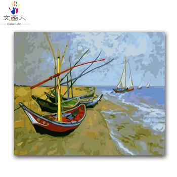 

Paints by numbers "fishing boats at sea" vencent Van gogh's paintings pictures by the number with kits for adults kids framed