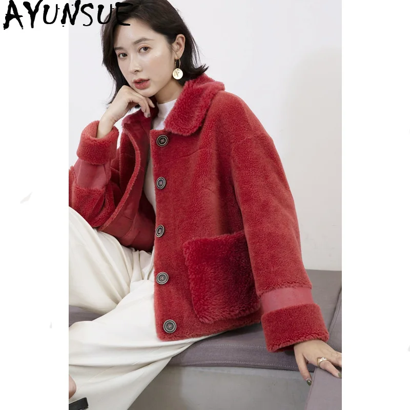 

AYUNSUE Women's Fur Coat Female Sheep Shearling Fur Korean Jacket Autumn Winter Jacket Women Real Wool Coats Abrigo Mujer MY3506