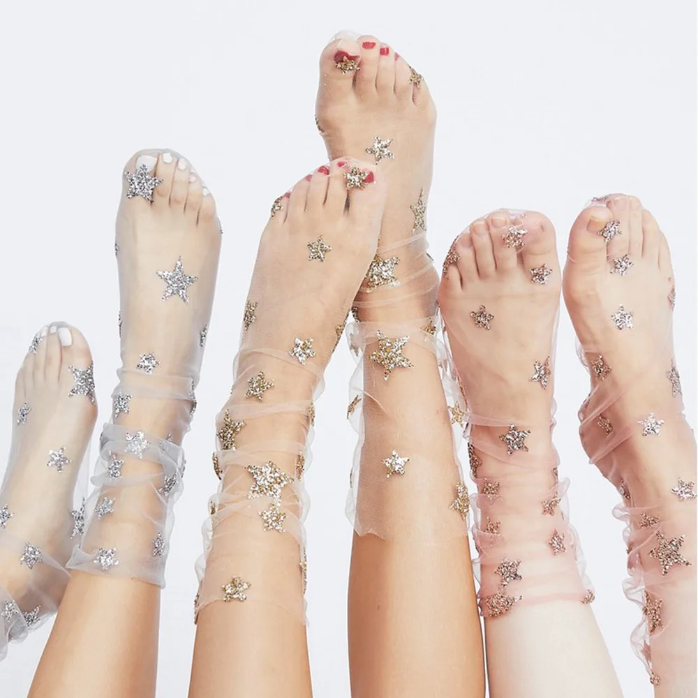 

Hot Sale 2019 Women Fashion Glitter Star Soft Mesh Sock Transparent Elastic Sheer Sexy Temptation Lace Ankle High sock Dress F3