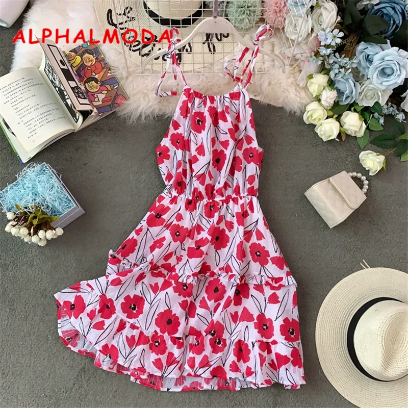 

ALPHALMODA 2019 Summer Floral Printed Sling Dress Holiday Beach Women Fashion Resort Dress Popular Flower Print Vestidos