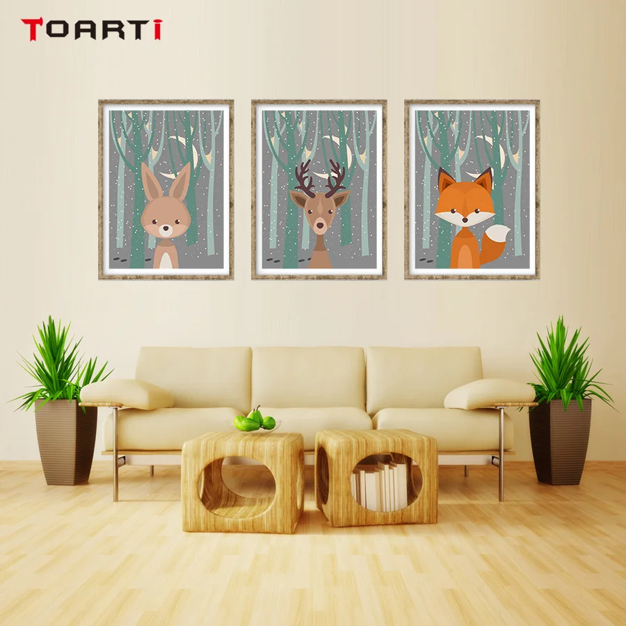 Spring Style Woodland Animals Wall Art Cartoon Pictures Canvas Painting Nursery Prints Vintage Poster Kids Room Decoration Mural (5)