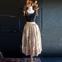 Женская юбка миди с золотыми блестками, блестящая эластичная талия, до середины икры, расшитая блестками, Женская юбка трапециевидной формы, юбка для взрослых, настоящая фотография, на заказ