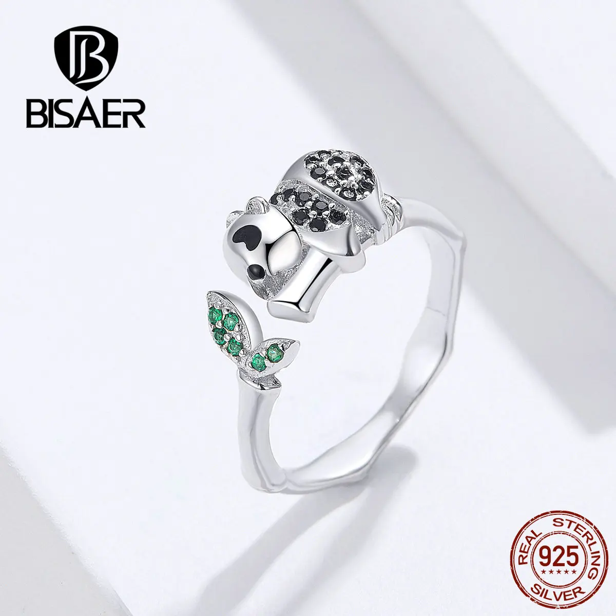 BISAER, 925 пробы, серебряная панда, кольца на палец, милые животные, панда, любовь, бамбук, открытый размер, кольца для женщин, серебряные ювелирные изделия EFR055