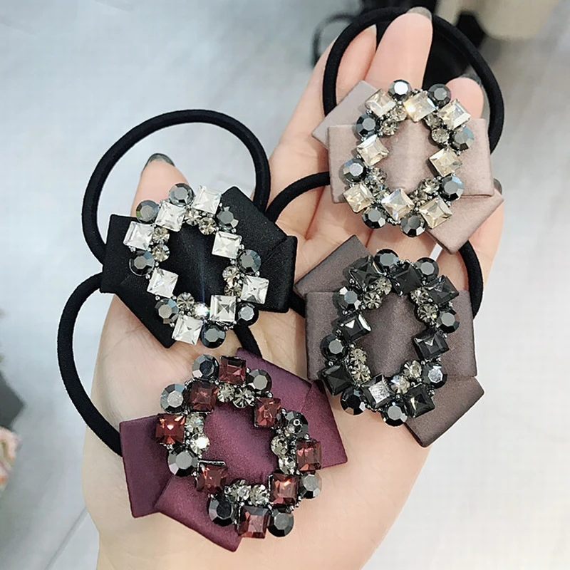 

Korean Fashion Simple Fabric Bow Tie Rhinestone Crystal Rubber Elastic Hair Bands Girl Women Ponytail Holder Hair Accessories