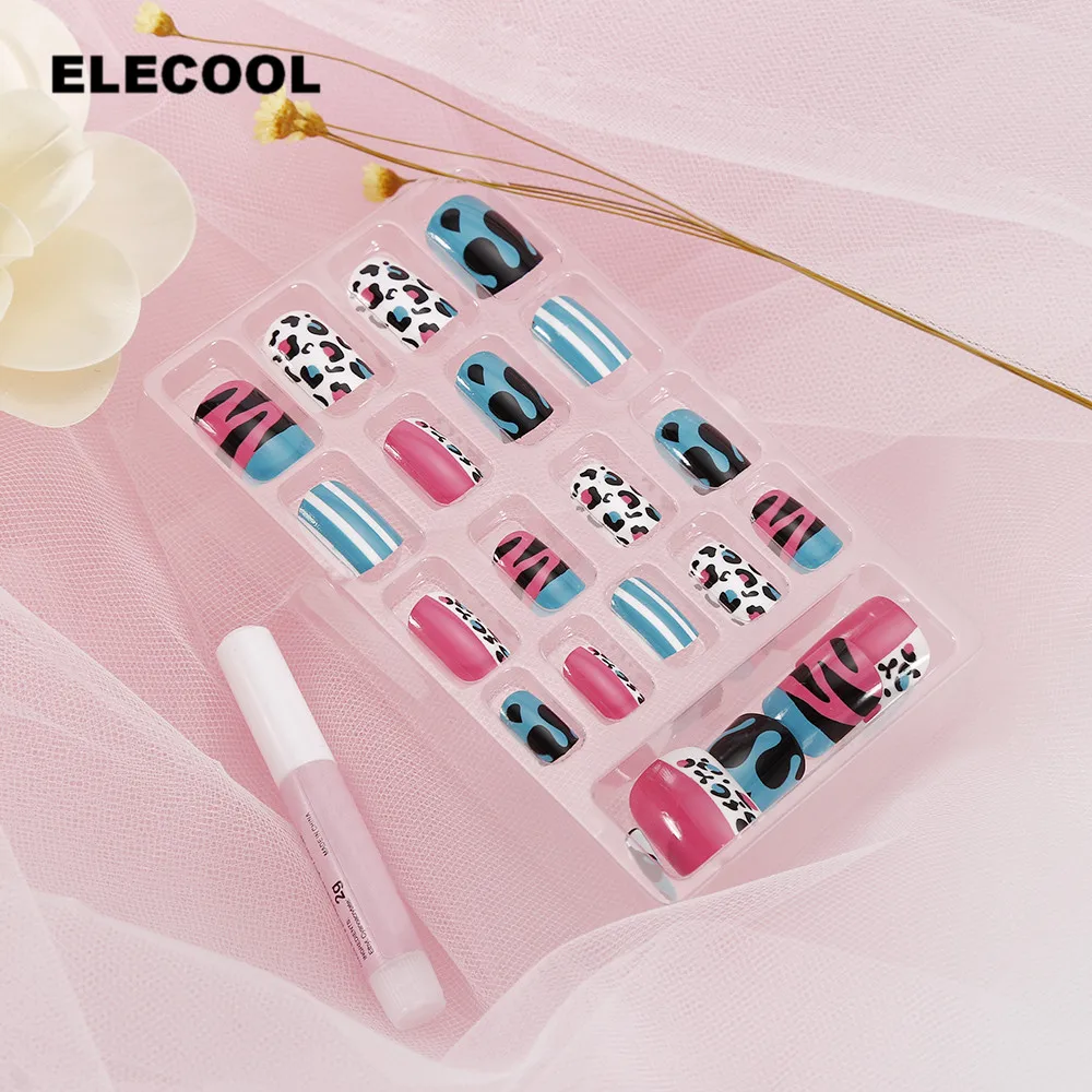 

ELECOOL Fashion 24 Pcs Stylish Short Fake Nail Super Cute Pattern False Nails With Glue Latest