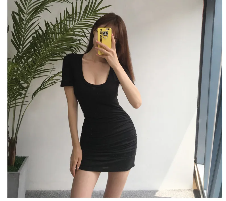 Новое летнее платье Для женщин сарафан короткий рукав O шеи Ruched Bodycon платье дамы Повседневное одноцветная футболка Платья