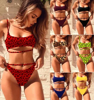 

4 Color Hot Style Sexy Solid Leopard Sleeveless Strapless Strap Hollow Out Bikini Swimwear Women Bodysuits