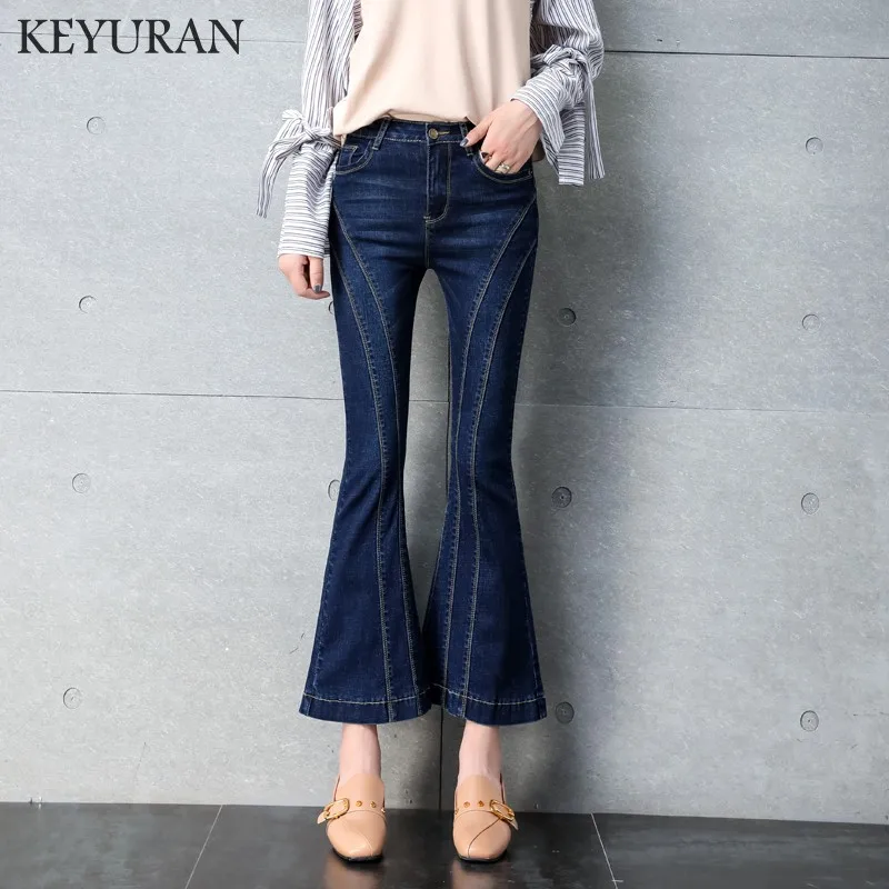 Ретро Модные эластичные женские джинсы в Корейском стиле Новое поступление OL женские повседневные джинсы на молнии с высокой талией однотонные расклешенные джинсы Большие размеры - Цвет: Синий