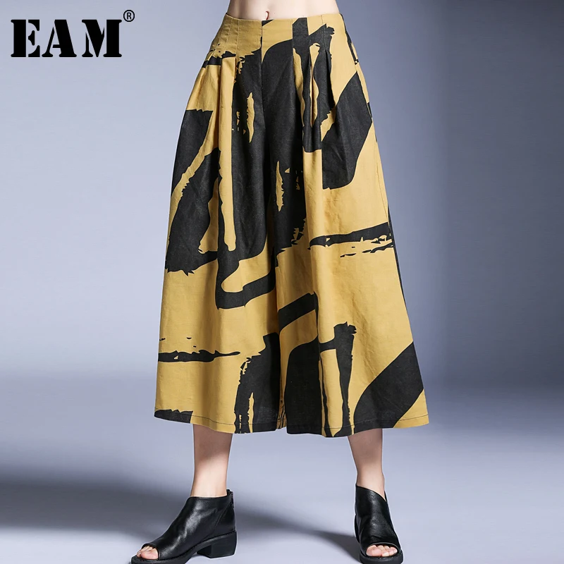 

[EAM] 2020 New Spring Autumn High Elastic Waist Pattern Printed Loose Long Wide Leg Pants Women Trousers Fashion Tide JT328