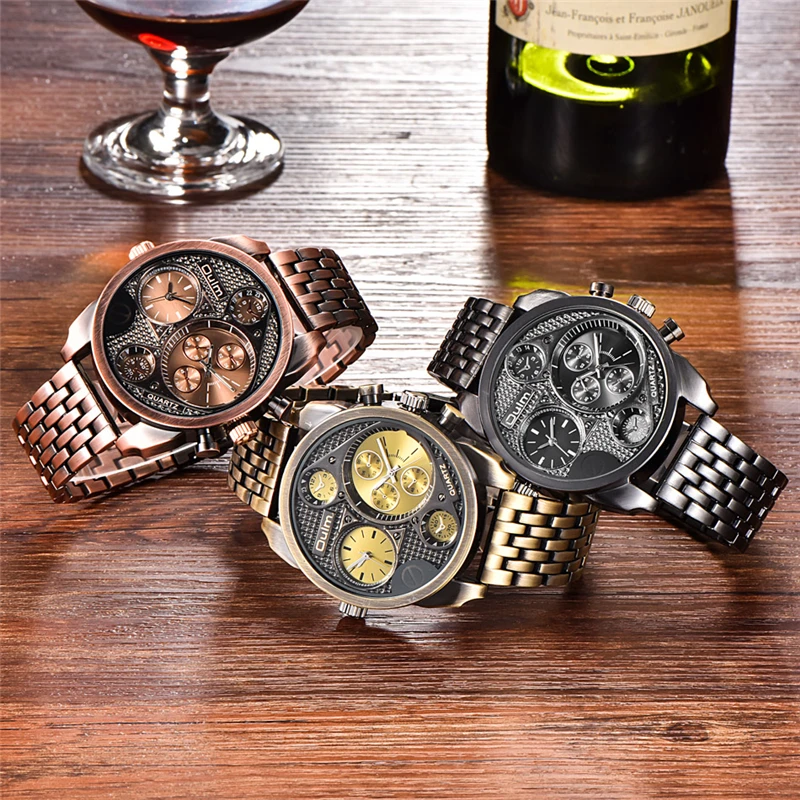 Oulm Unique Design Sports Watches Men Luxury Brand Two Time Zone Quartz Watch Large Big Dial Male Clock Military Wristwatch