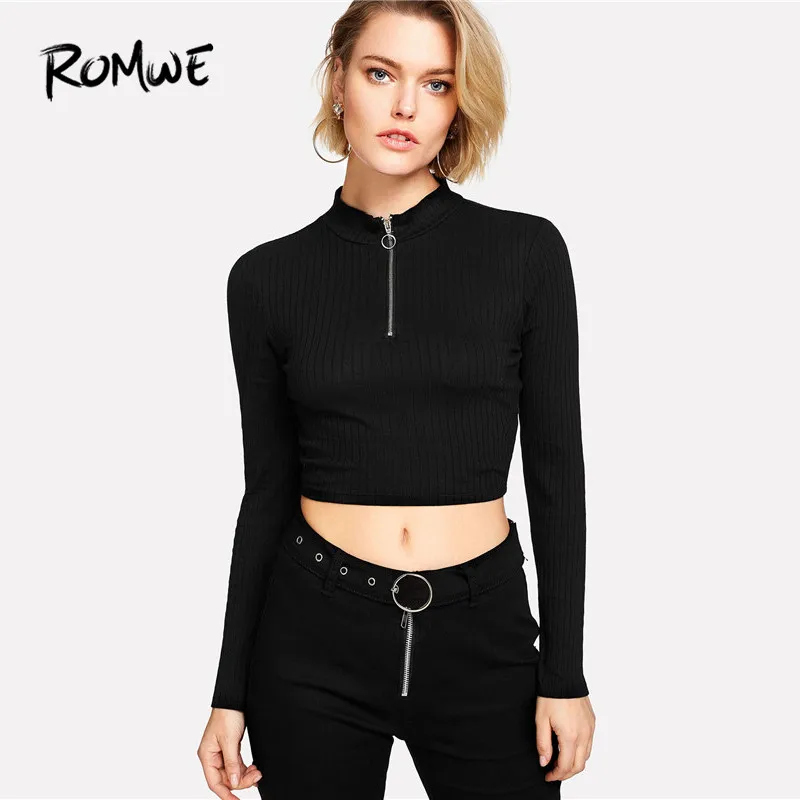 ROMWE Ring Zip Up Front Ribbed Crop Tee Black Zipper Stand Collar T Shirt 2018 Fall Plain Long Sleeve Women Top