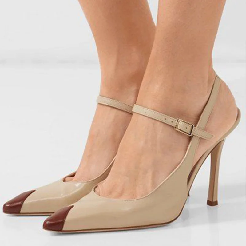 

Nude Cap Pointy Toe Stilettos Slingbacks Pumps Woman High Thin Heels Large Size 33 36 38 Buckle Strap Ladies Dress Shoes Mature