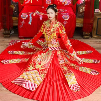 

Rhinestone Bride Wedding Pleated Chinese Dress Qipao Embroidery Phoenix Cheongsam Ancient Royal Women Evening Gowns Vestidos
