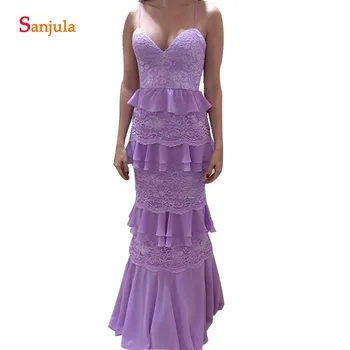 

Sheath Sweetheart Spaghetti Straps Bridesmaid Dress Purple Lace Party Dress With Chiffon Ruffles Elegant Dress Women For Wedding