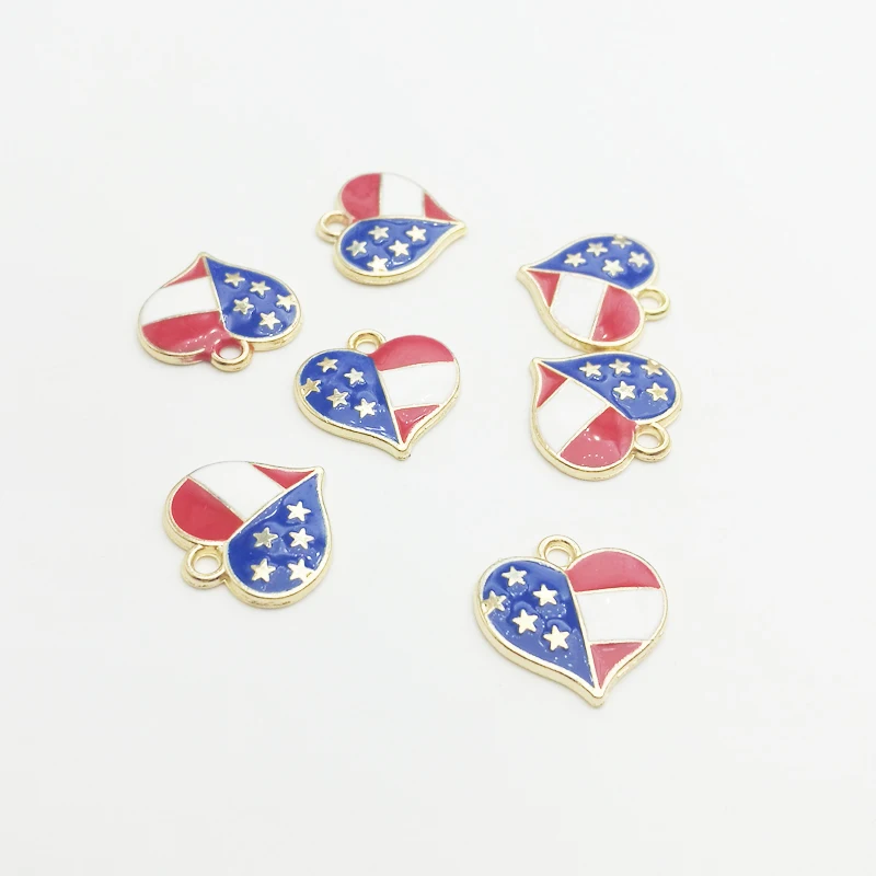 

30pcs/lot New Arrival Heart Shape Stars Flag Charms 16*16mm Oil Drop Pendant fit for bracelet DIY Fashion Jewelry Accessories