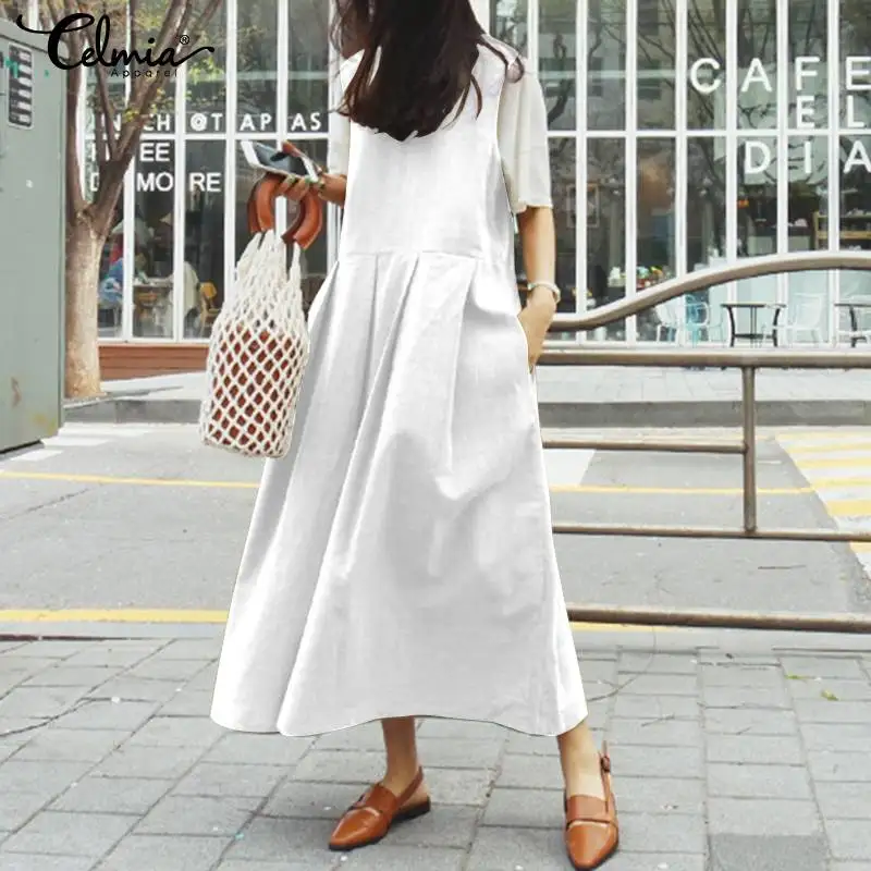 

Vintage Women Pleated Shirt Dress Celmia 2019 Summer Tank Dress Casual Loose Long Maxi Dress Robe Sleeveless Party Vestidos 5XL