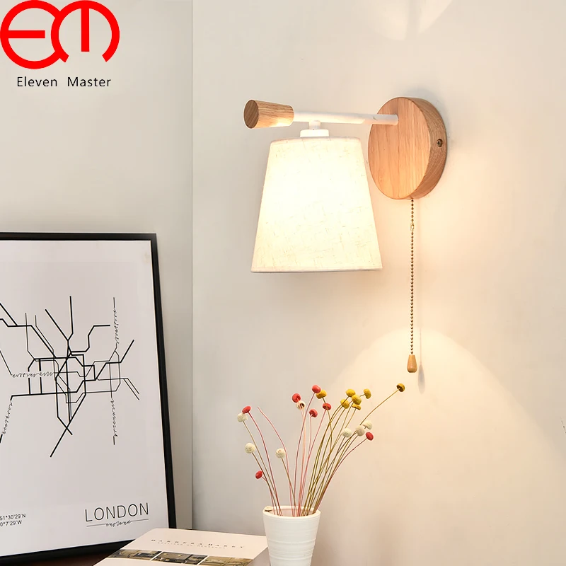 

Nordic fabric wall lamp bedroom bedside lamp solid wood creative pull switch study room LED reading eye wall lights WWL053