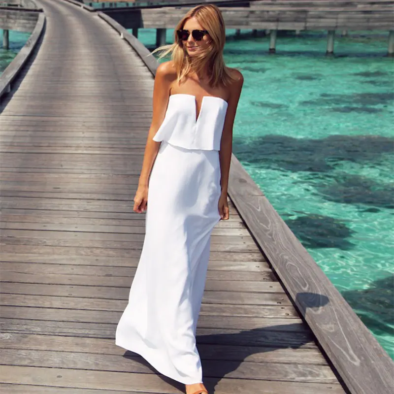 OSoild белое платье с открытыми плечами с рюшами без бретелек с вырезом лодочкой женские летние длинные пляжные платья макси Повседневные Вечерние платья высокого качества