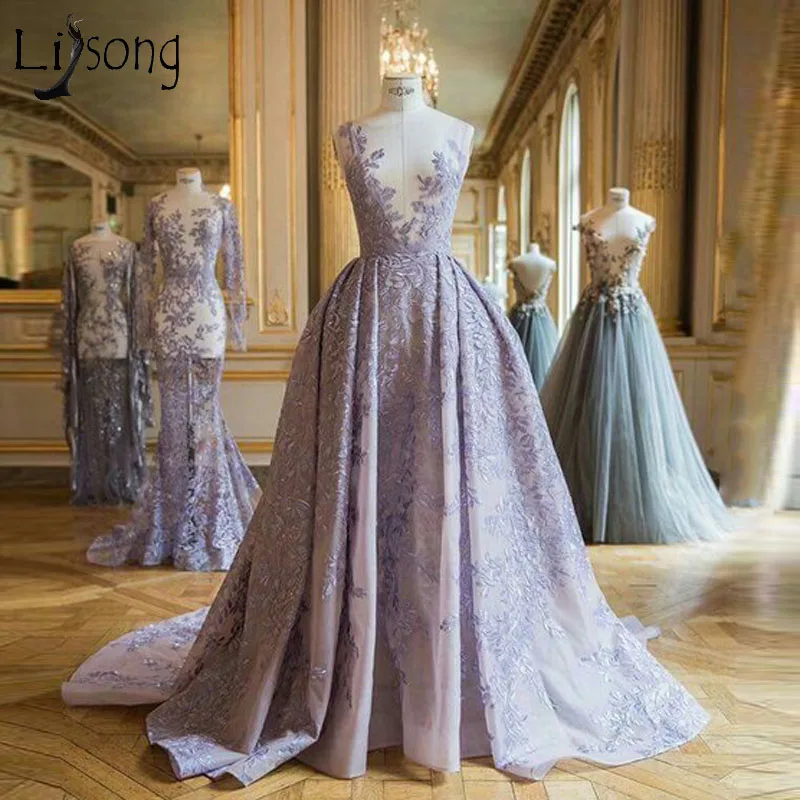 

Charming Lilac Prom Dresses High Quality Lace Appliqued Elegant Evening Dress Pleated Sweep Train Formal Party Gowns Custom Made