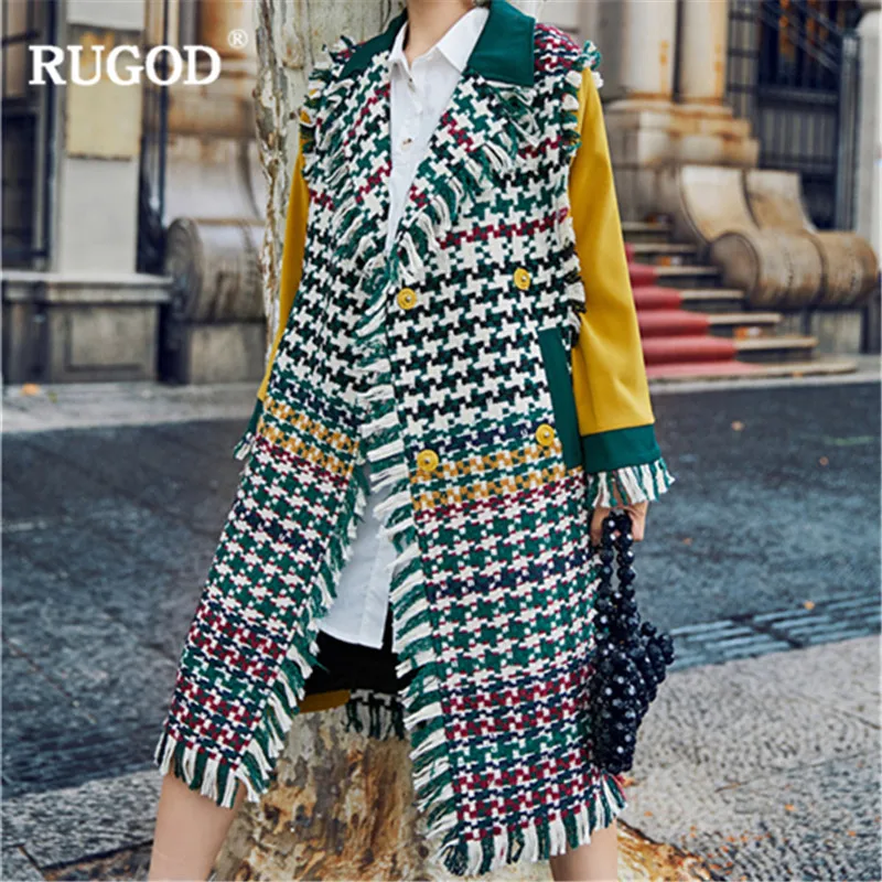 RUGOD Fashion X-Long Women Coat Patchwork England Style Wool Coat with Adjustable Waist Warm Winter Clothes manteau femme hiver