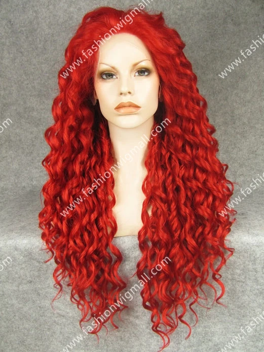

Free Shipping 26" Extra Long #3100 150% Density Heat Resistant Synthetic Hair Lace Front Red Party Wig W18