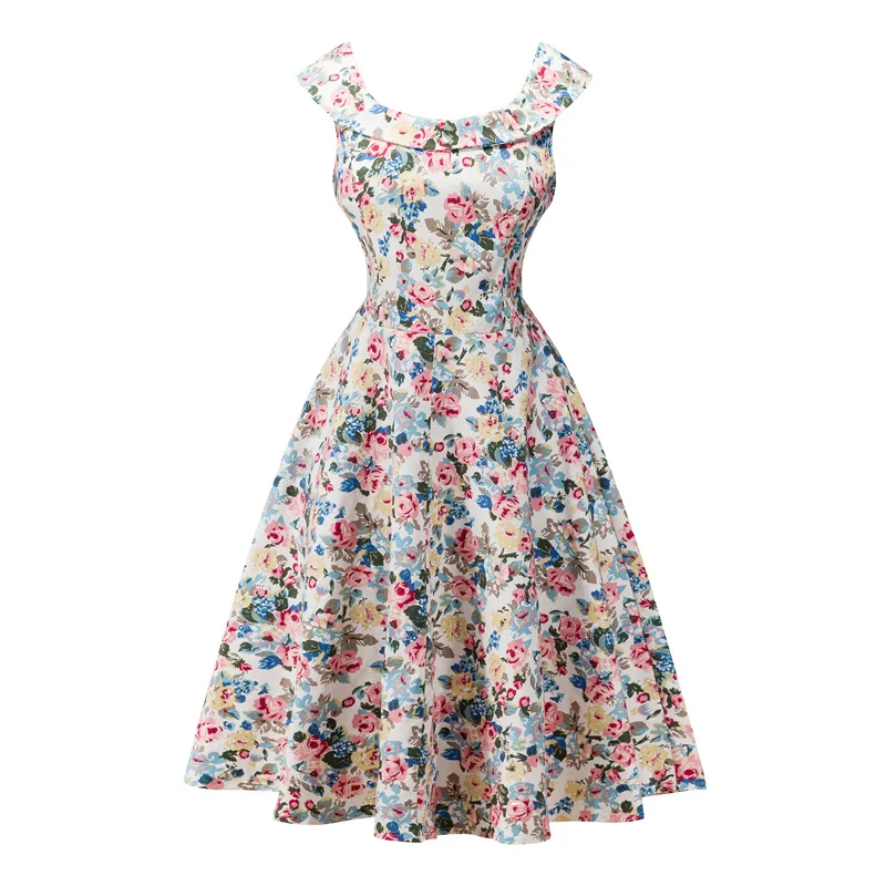 Kostlish A-Line Women Summer Dress Audrey Hepburn 50s 60s Floral Print Vintage Dress Women 2017 O-Neck Party Dresses Plus Size (42)