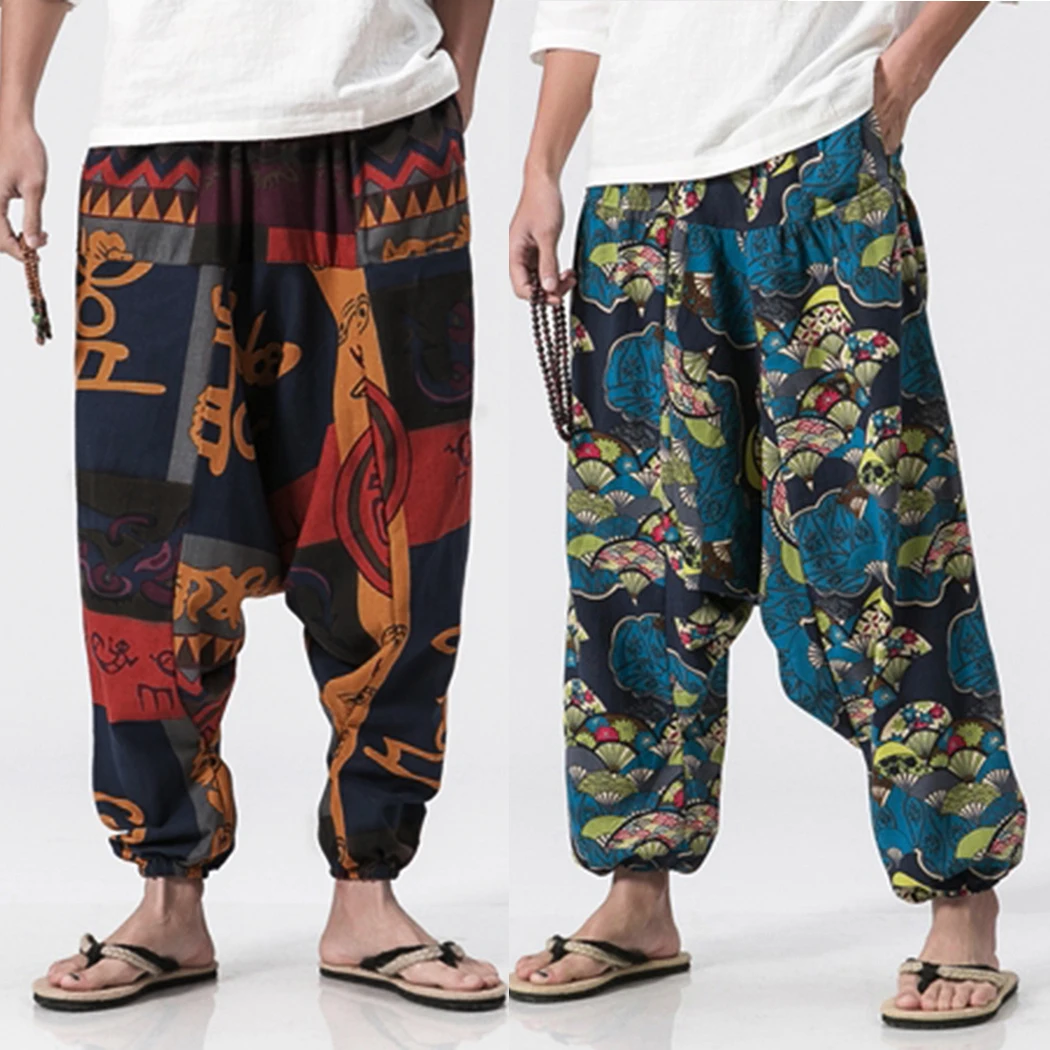 

Men Cotton Linen Harem Pants Vintage Hip Hop Baggy Wide Leg Pants Streetwear Plus Size Printed Boho Trousers Male Cross Pants