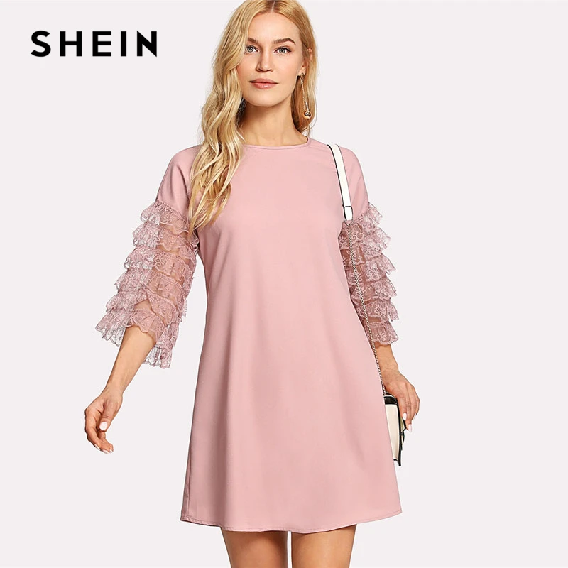 Aliexpress.com : Buy SHEIN Ruffle Lace Sleeve Tunic Shift Dress Pink ...