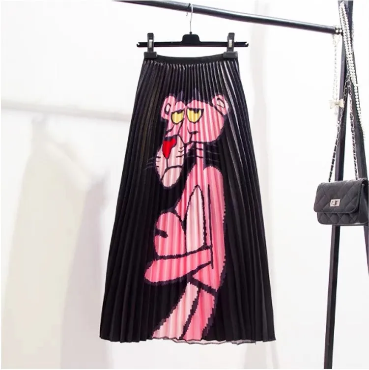 Плиссированная юбка, Новое поступление, летняя женская розовая леопардовая расцветка, эластичная талия, длинные юбки, высокая талия, Харадзюку, трапециевидные юбки - Цвет: 9825-BLACK
