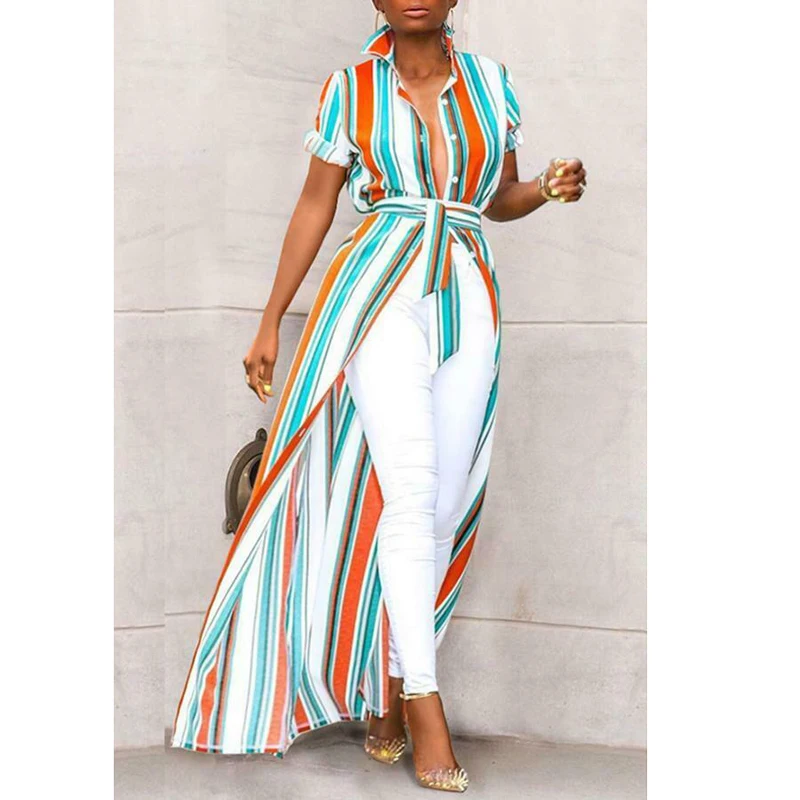 

Striped Lace Up Sundress Beach Bikini Cover Up Women Short Sleeve Cardigan Kimono Casual Beachwear Turn Down Collar Long Blouse
