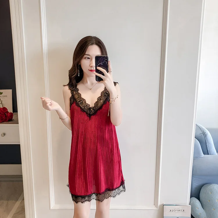 Женская бархатная ночная рубашка для сна, для отдыха, Женская Сексуальная кружевная отделка, открытая спина, ночное платье, комбинация для сна, домашняя одежда - Цвет: wine red