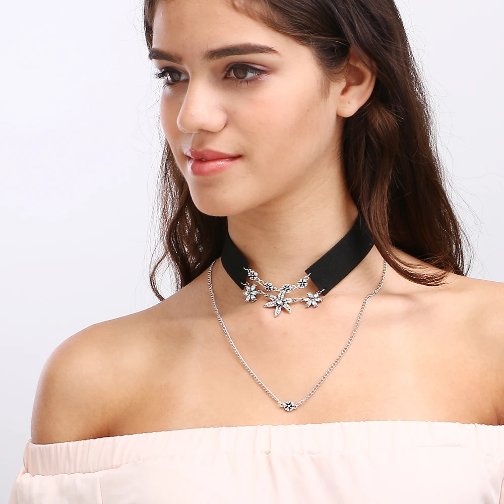 IF YOU New Design Crystal Flower Leather Choker Necklaces Gothic Collar