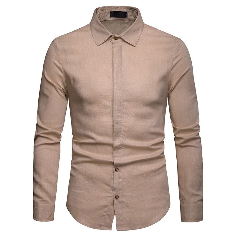 

Mens Casual Cotton Linen Shirt 2019 Brand New Roll-up Sleeve Dress Shirt Male Slim Fit Long Sleeve Camisa Masculina Beige