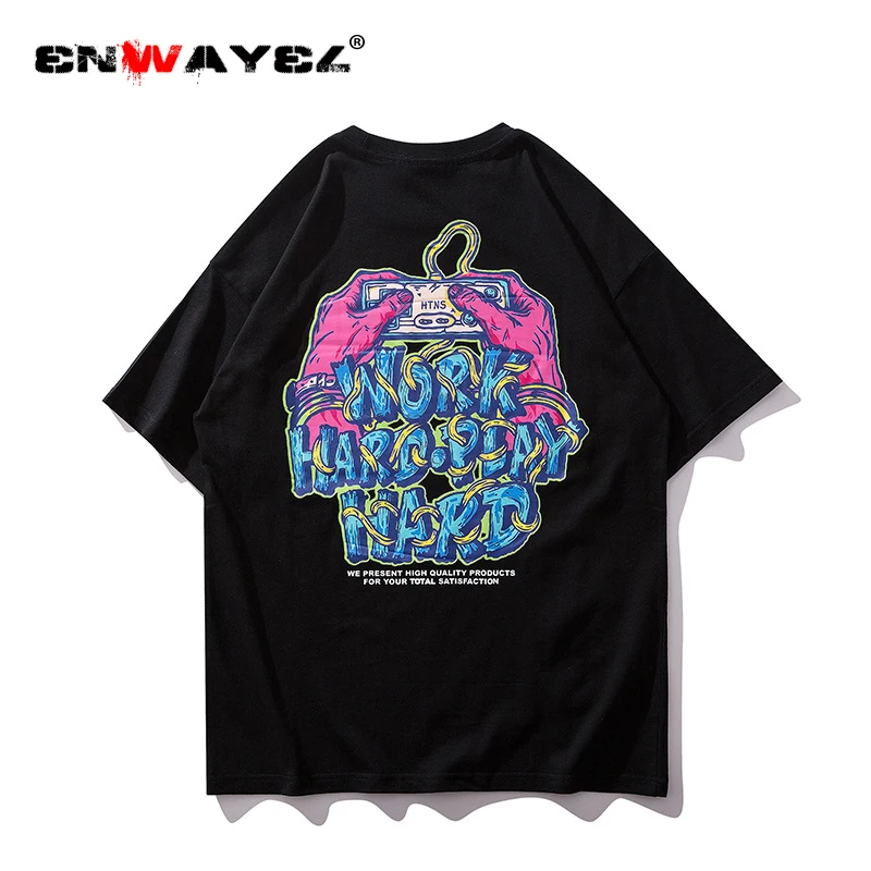 ENWAYEL Hip Hop T Shirts For Men Fashion Printed English Casual Streetwear Couples Tops Tees Trend Cotton Tshirt 1902 | Мужская одежда