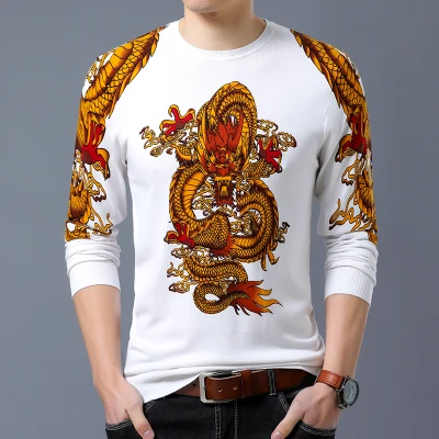 Осень китайский стиль молодых мужчин печатных тонкий круглый воротник свободный свитер