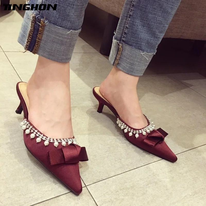

TINGHON Luxury Pearl Crystal Women Mules Shoes Silk Bowtie Women Pumps High Heels 5CM Shoes Slip on Pointed Toe Ladies Shoes