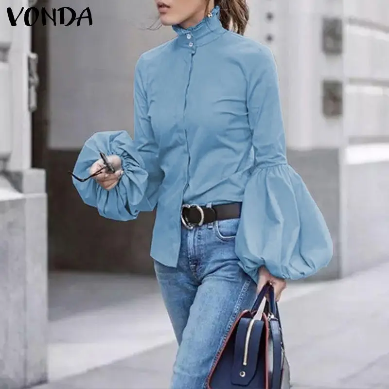 

VONDA Plus Size Tunic Women Autumn Blouse 2019 Casual Long Lantern Sleeve Shirt Office Lady Blusas Buttons Turtleneck Tops