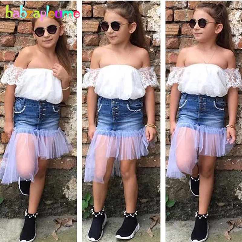 

2Piece 2-7Years 2019 New Summer Outfits Children Clothing Sets Fashion Baby T-shirt+Denim Skirt Toddler Girls Clothes BC1832-1