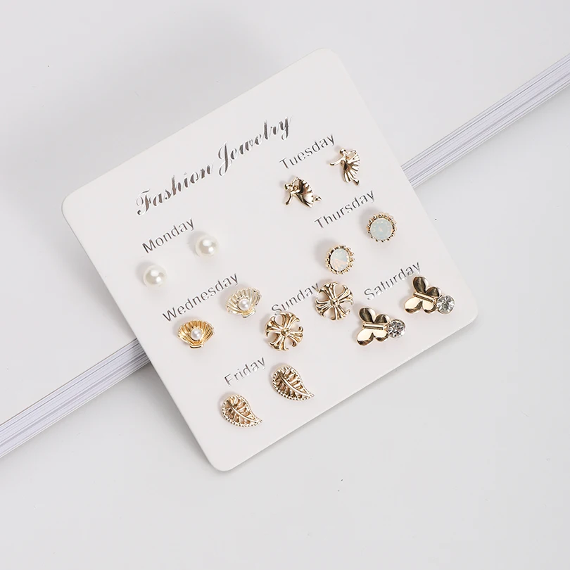 VEKNO мини опал кристалл шпильки имитация комплект жемчужных серег для женщин золотой лист Морская звезда Сережка-гвоздик в форме бабочки 7 пар