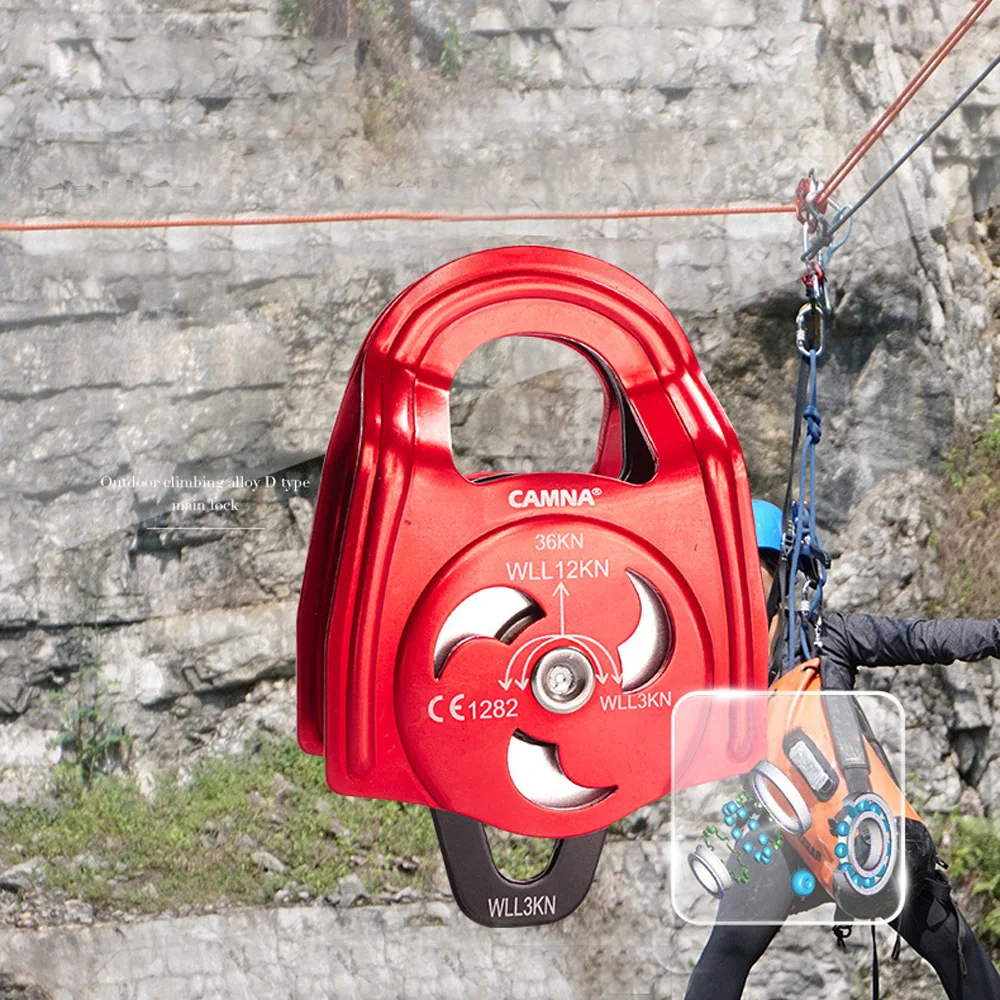 Goedkoop 36KN Klimmen Katrol Dubbele Kogellager Swing Touw Rigging Visgerei voor Speleologie Bergbeklimmen Rotsklimmen Equipement