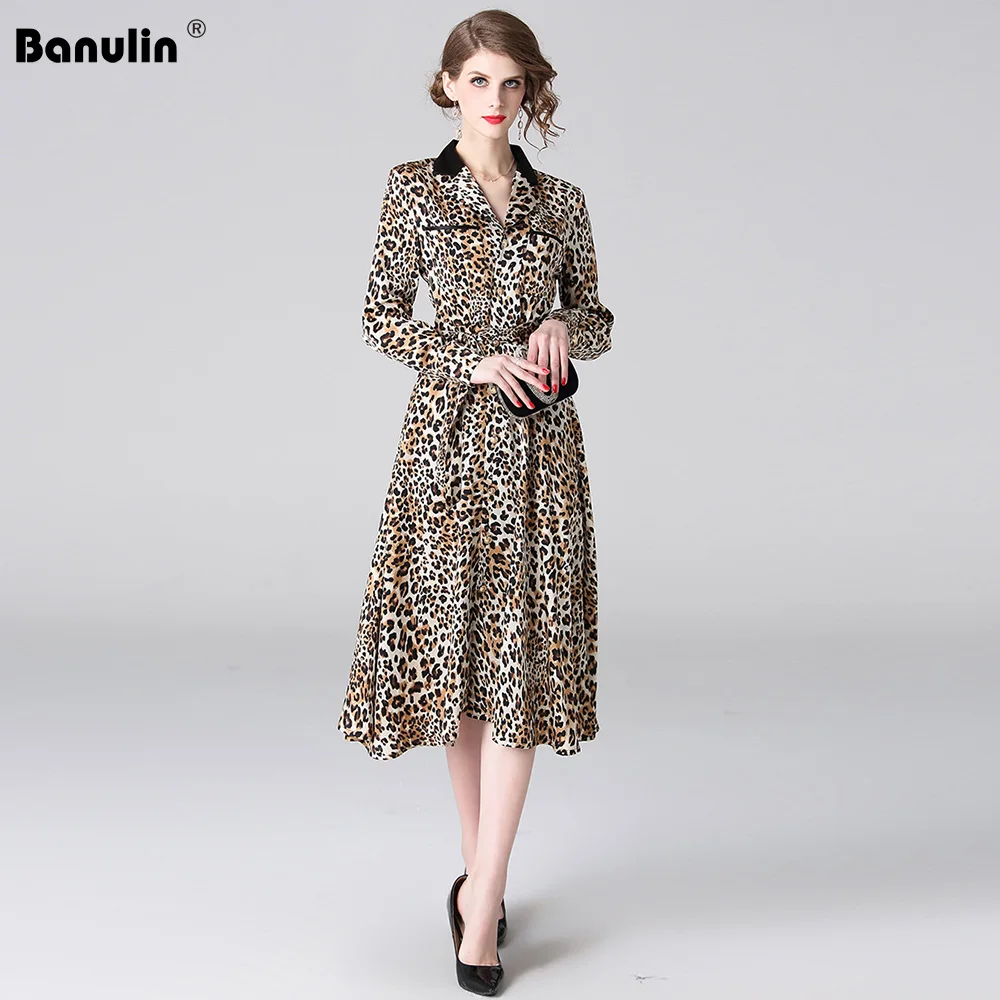 

Banulin 2019 New Fashion Women Long Dress Vintage Sexy V-Neck Leopard Belt Runway Casual Cocktail Party Office Work Wear Dress