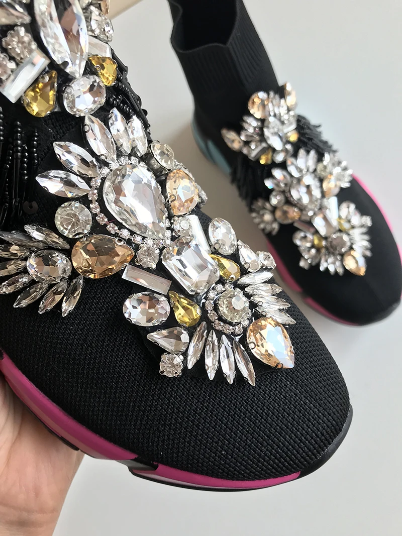 С украшением в виде кристаллов носок кроссовки Для женщин кроссовки с Кристаллы Стразы носки обувь модные кроссовки женские короткие ботинки WK85