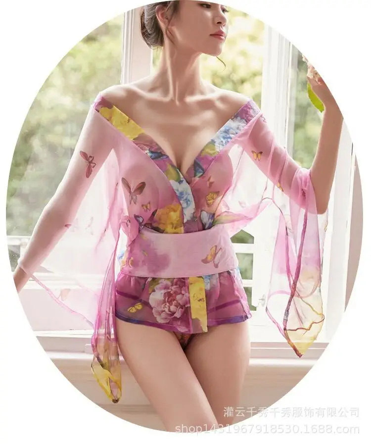 

Women New Dress Printed Kimono Suit Chiffon Lace Sexy Attractive Summer Uniform