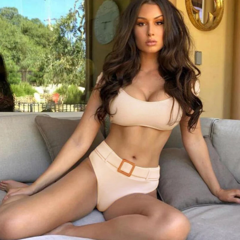 

High Waisted With Belt Soild Bikini Set Sexy Short Sleeve Swimsuit 2019 New Women Swimwear Push Up Padded Beachwear Suit Biquini