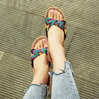 

New Summer House Flip Flops Breathable Linen Flat Beach Slippers Shose Women Slippers Female Manual Flax Ladies Slippers Sandals