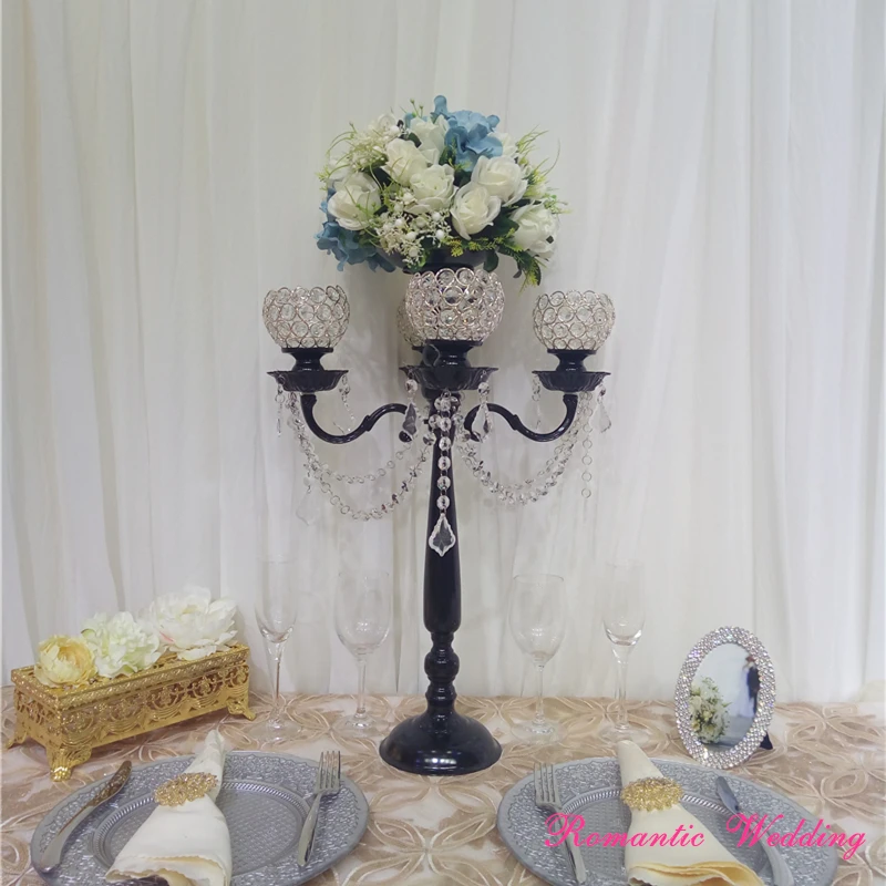 

4pcs/lot On Sale Wedding Candelabrum with Black Flower Bowl Crystal Crystal Candle holders for Wedding party event decoration
