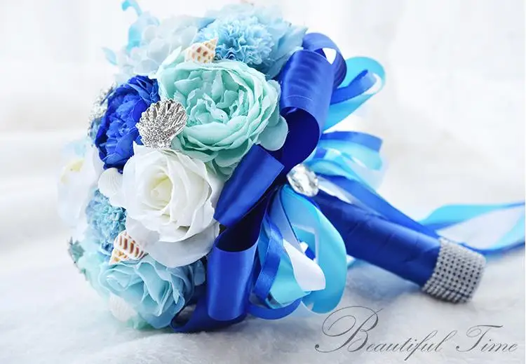 Пляжные букеты Свадебные Кристаллы Ювелирное Украшение из перламутровых раковин светло голубой королевский синий Свадебные Свадебный букет Открытый искусственные цветы